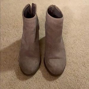 Camper neutral tan taupe heeled booties, zip back